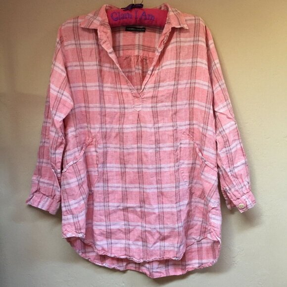 Tancredi & Morgen Women's Large Split Neck 2/4 Sleeve Pink Plaid Linen Tunic Top - Picture 1 of 6